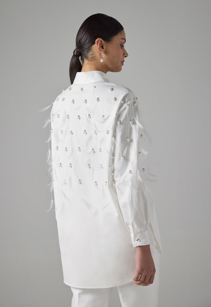 Choice Long Sleeve Crystal Embellished Feather Shirt  Off White