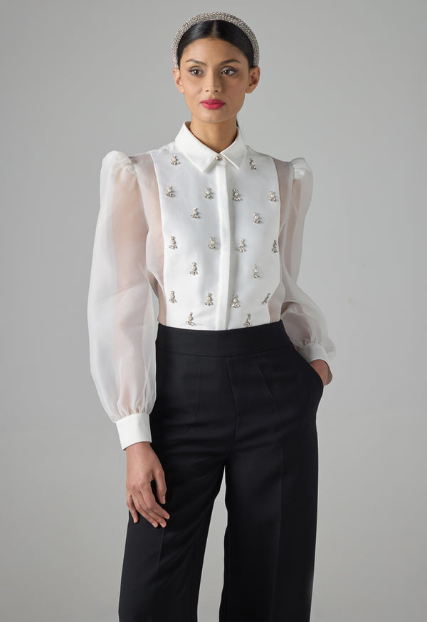 Choice Organza Details Crystal Embellished Shirt  Off White