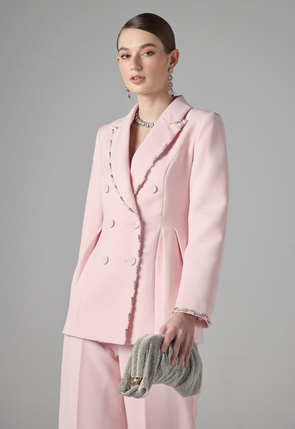 Choice Faux Pearl Embellished Double Breasted Blazer Pink