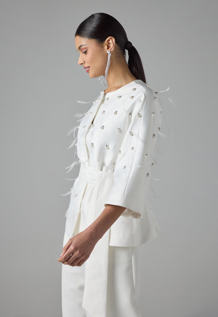 Choice Embellished Faux Pearl Feather Jacket Off White