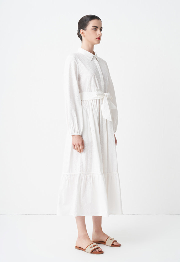 Choice Solid Monogram Belted Shirt Dress Off White