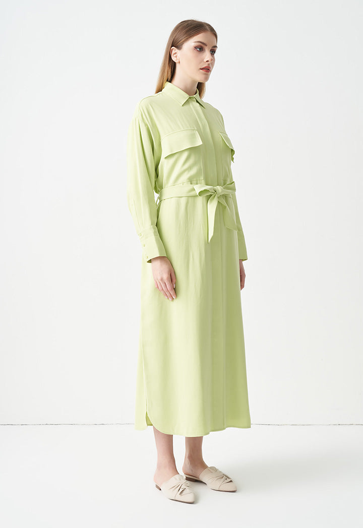 Choice Single Tone Belted Maxi Shirt Dress  Lime