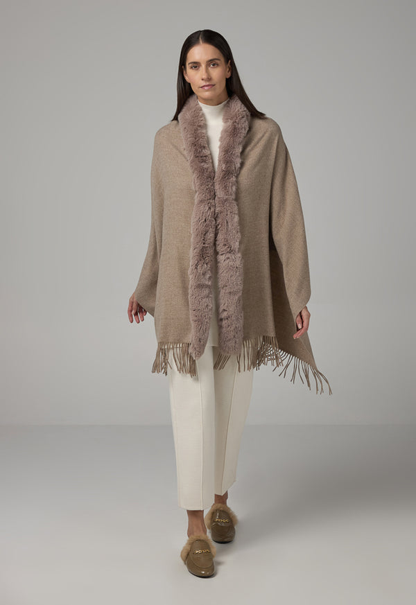 Choice Faux Fur Embellished Poncho Beige