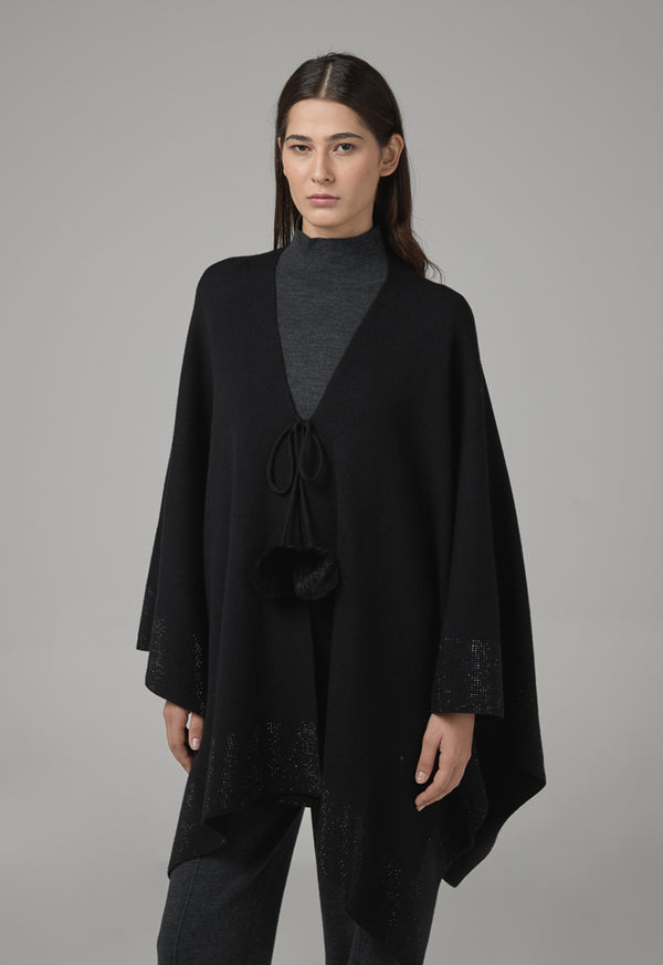 Choice Tie Neck Knitted Poncho Black