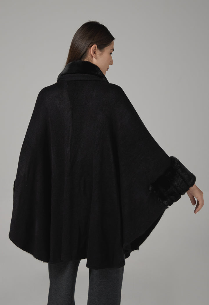 Choice Faux Fur Collar Poncho Black