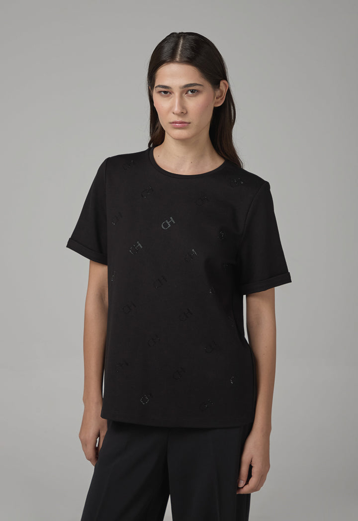 Choice Monogram Crystal Embellished Solid T-Shirt Black