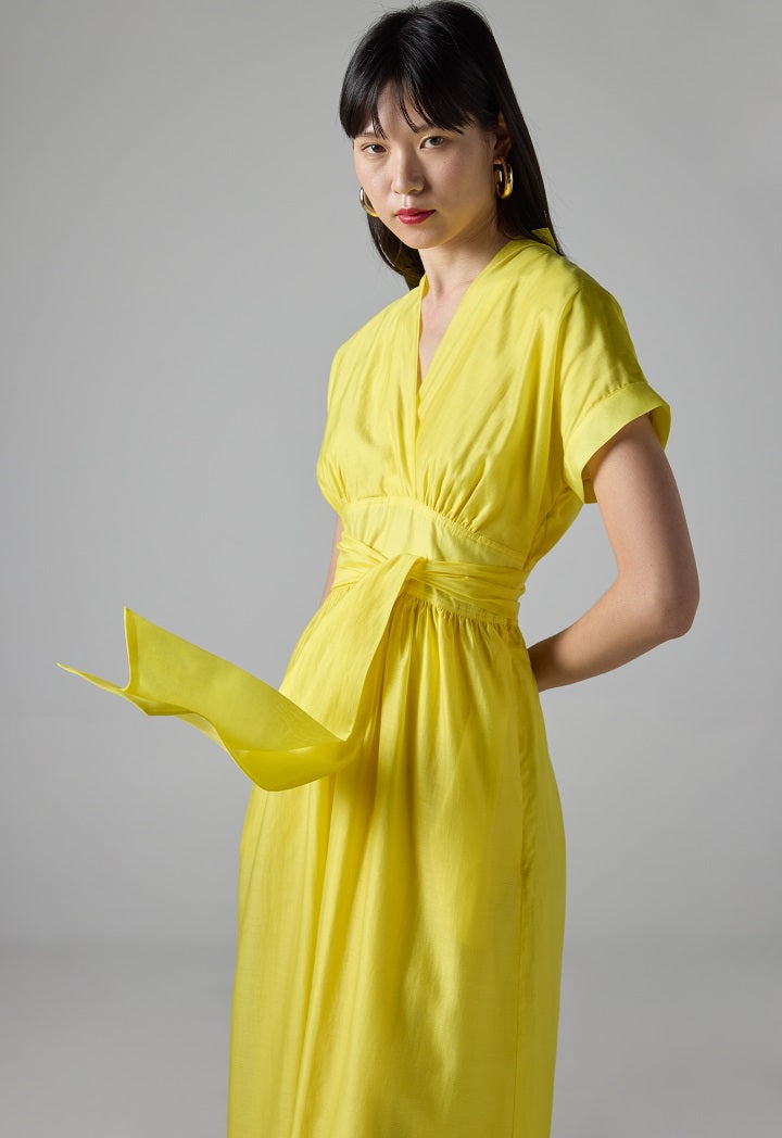 Choice Solid Short Sleeve Belted Dress Yellow