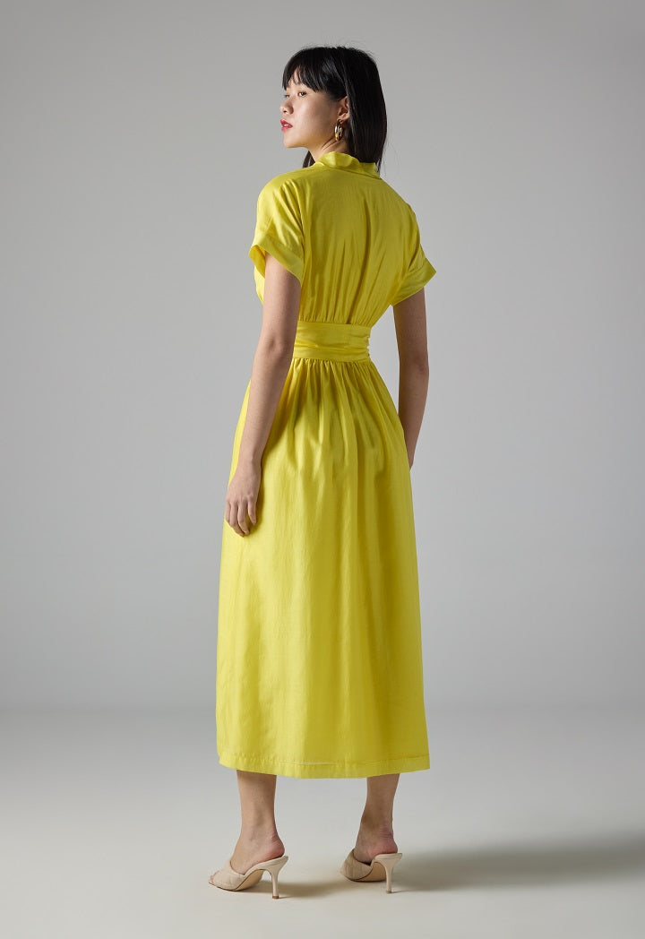 Choice Solid Short Sleeve Belted Dress Yellow