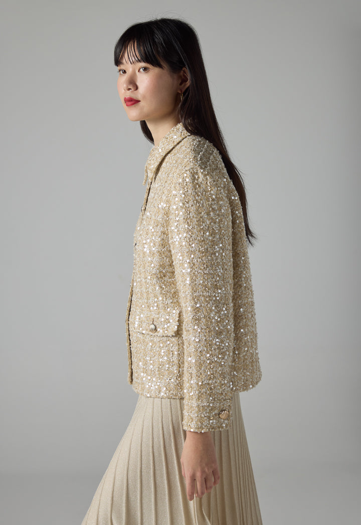 Choice Contrast Sequin Long Sleeve Jacket Beige