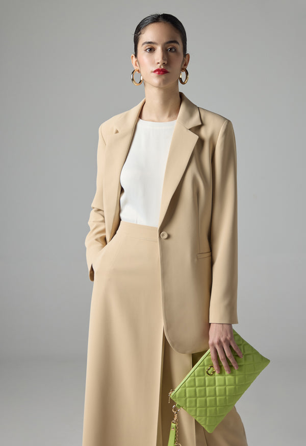 Choice Solid Notched Collar Belted Blazer Beige