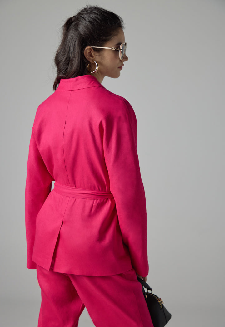 Choice Long Sleeve Belted Solid Jacket Fuchsia