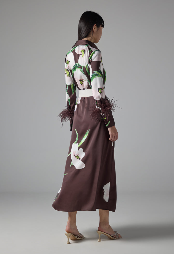 Choice Floral Print Belted Shirt Dress Brown