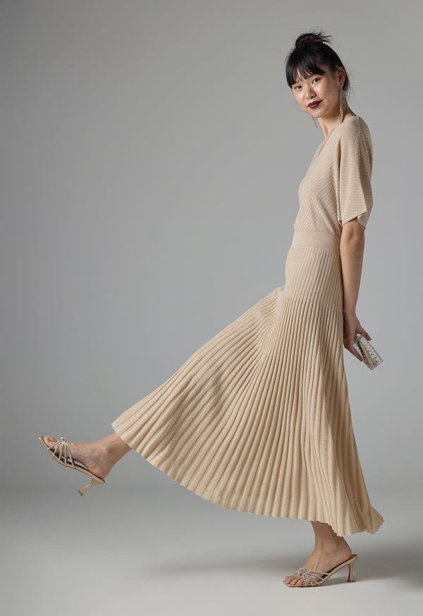 Choice Pleated Lurex Maxi Skirt Beige