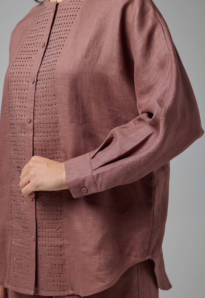 Choice Long Kimono Sleeves Linen Shirt Brown