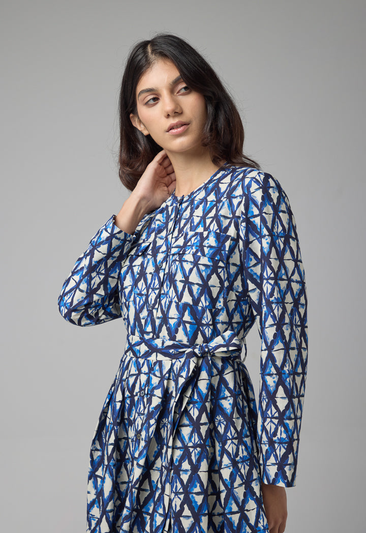 Choice Geometric Printed Belted Dress Indigo