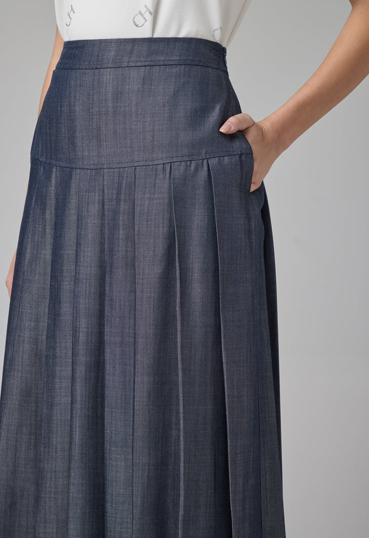 Choice Single Tone Pleated Flared Maxi Skirt Indigo