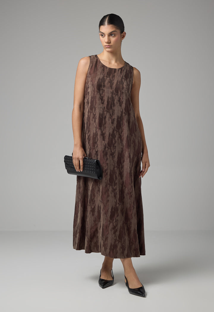 Choice Contrast Sleeveless Flared Dress Brown