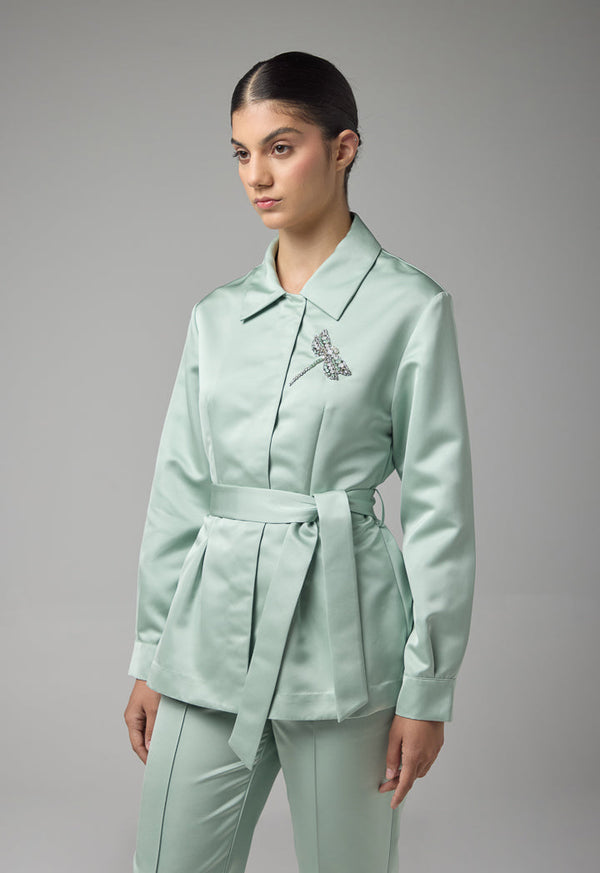 Choice Solid Crystal Embellished Belted Shirt Mint