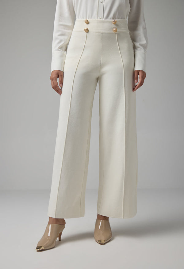 Choice Knitted Pin Tuck Wide Leg Trousers Off White