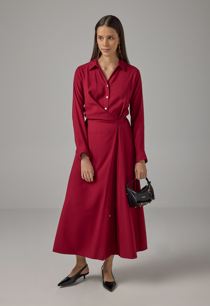 Choice Drawstring Waist Maxi Shirt Dress Burgundy