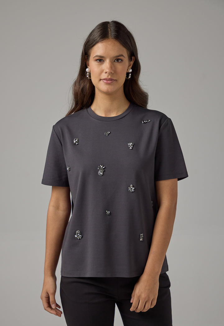 Choice Solid Crystal Embellished T-Shirt Anthracite