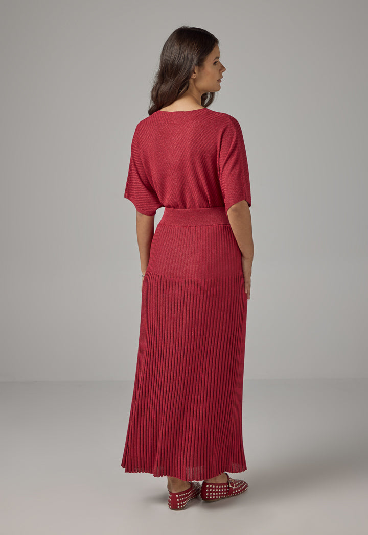 Choice Pleated Lurex Maxi Skirt Burgundy