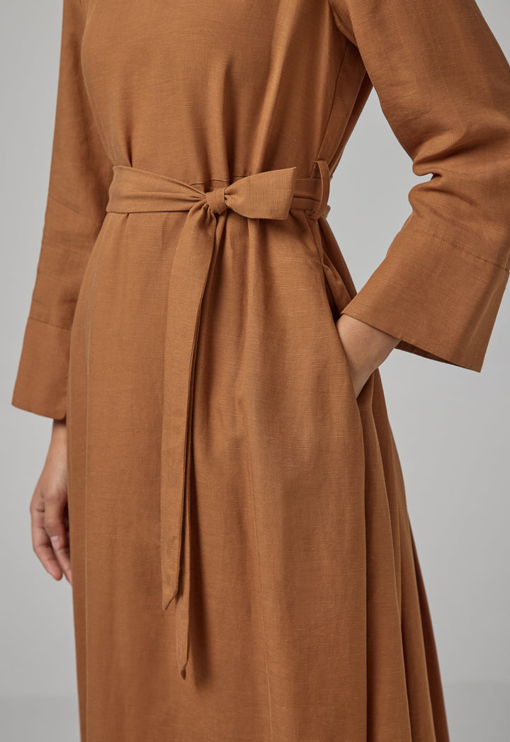 Choice Solid Flared Belted Dress Caramel