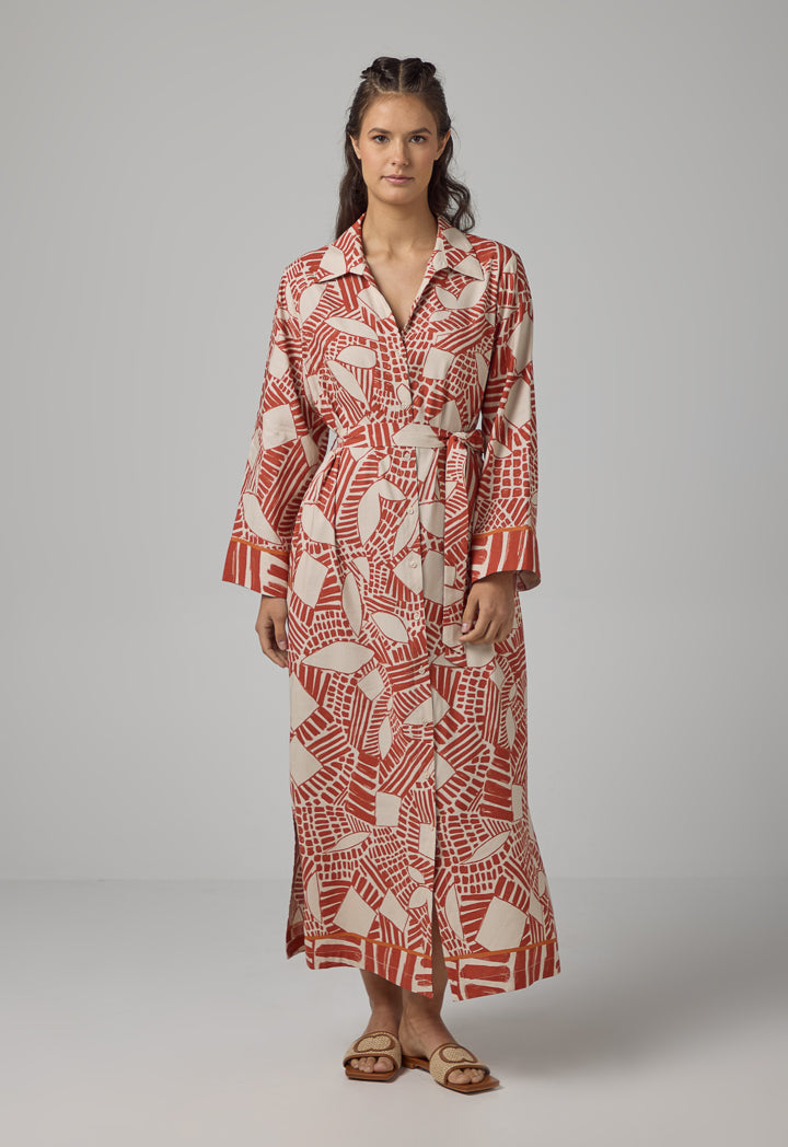 Choice Printed Long Sleeve Belted Shirt Dress Caramel