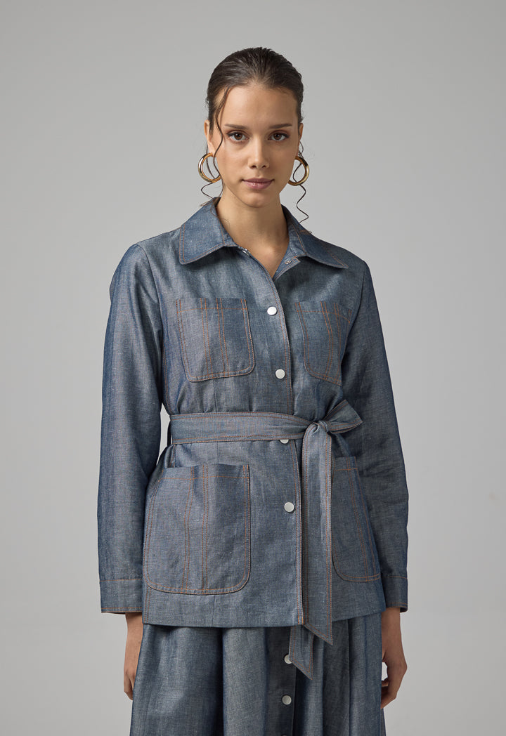 Choice Multi Front Pocket Coat With Belt Indigo