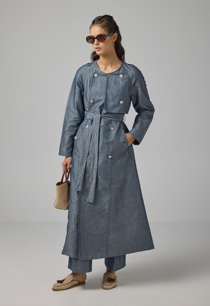 Choice Multi Front Pocket Coat With Belt Indigo