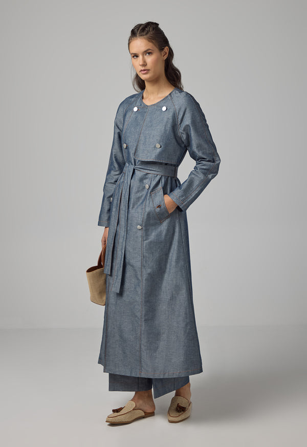 Choice Multi Front Pocket Coat With Belt Indigo