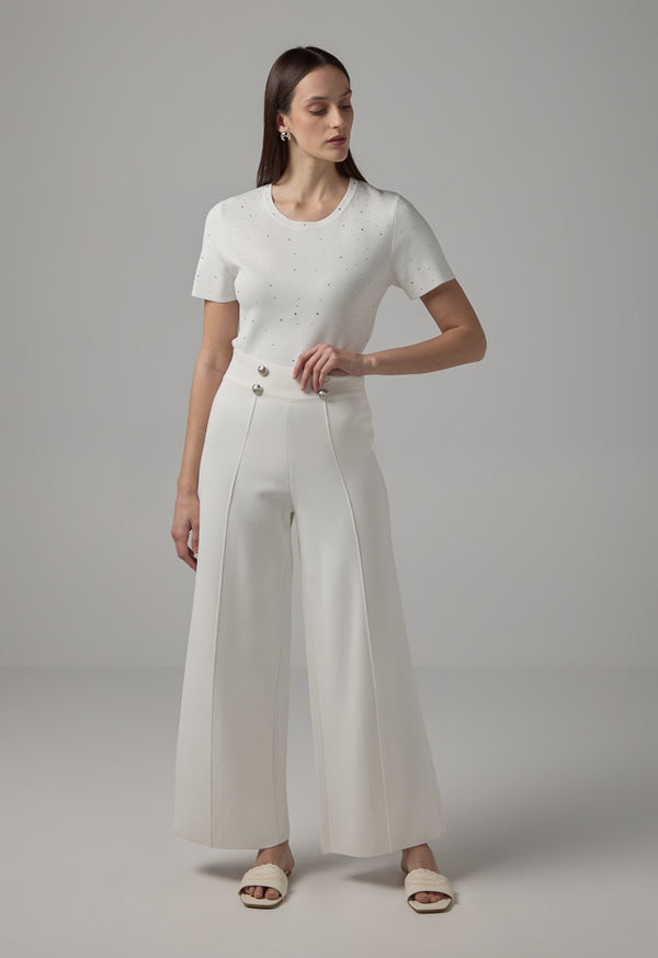 Choice Knitted Pin Tuck Wide Leg Trousers Off White