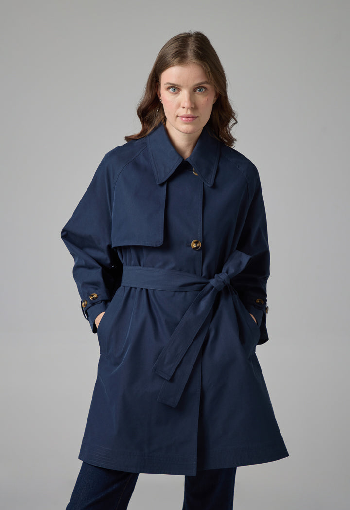 Choice Long Raglan Sleeve Belted Midi Coat Navy