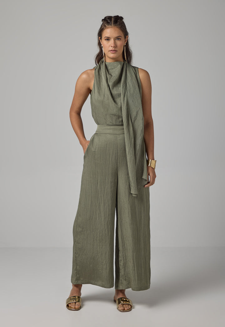 Choice Crinkled Elastic Waist Wide Leg Trousers Olive