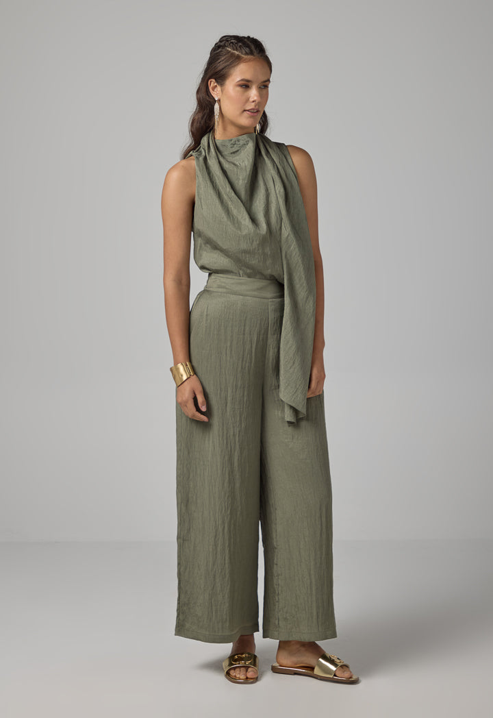 Choice Crinkled Elastic Waist Wide Leg Trousers Olive