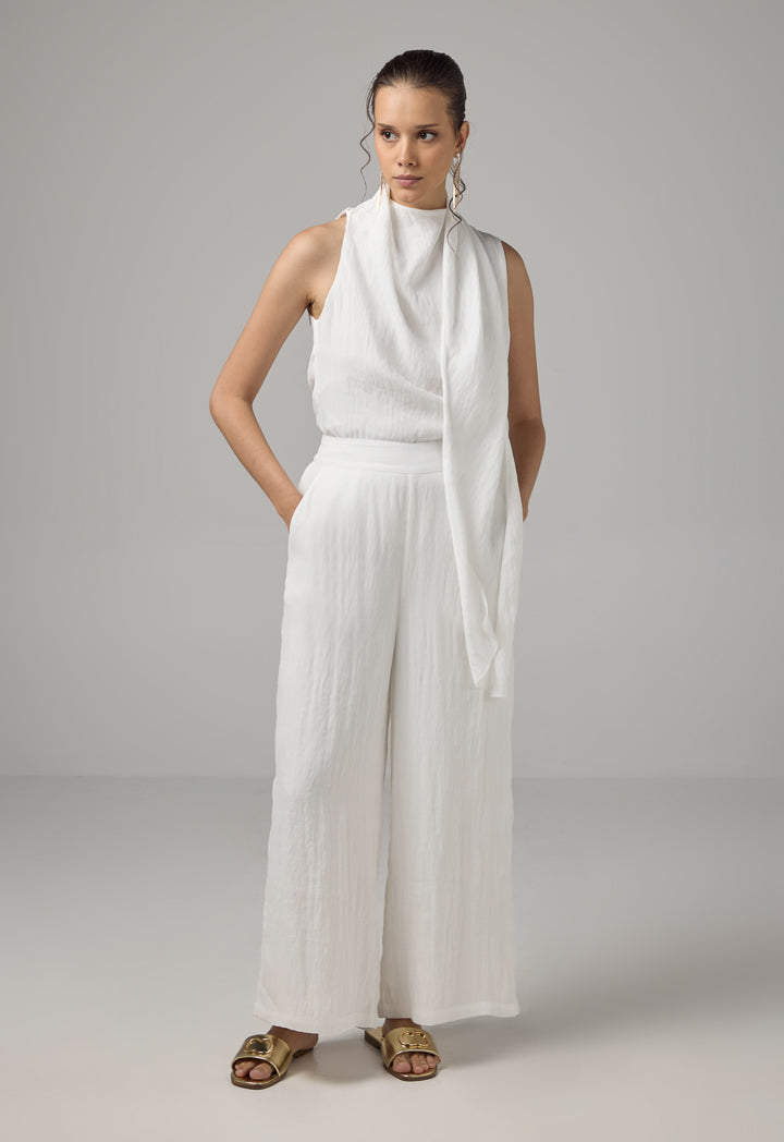 Choice Crinkled Elastic Waist Wide Leg Trousers Off White