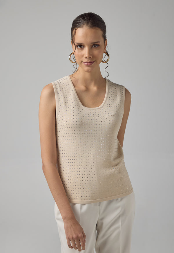 Choice Sleeveless Crystal Embellished Knitted Top Beige