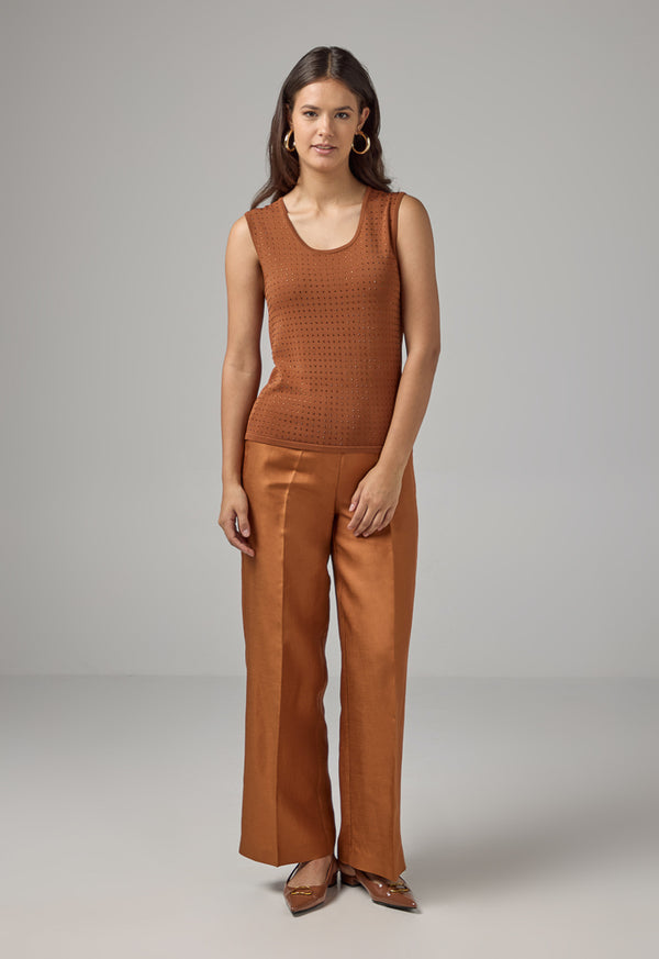 Choice Sleeveless Crystal Embellished Knitted Top Caramel