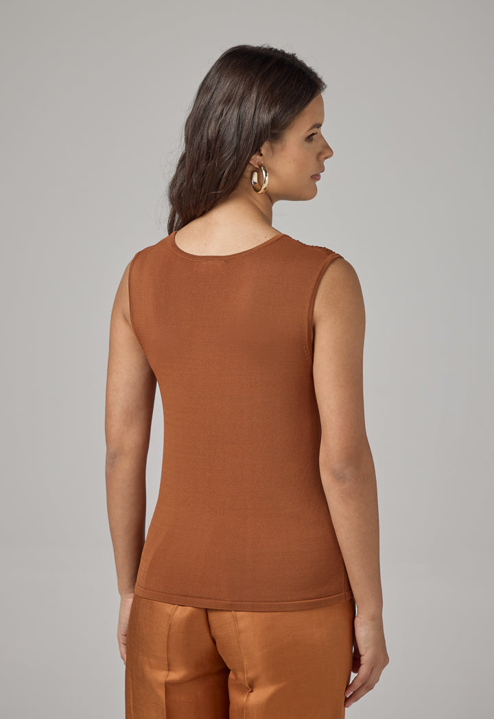 Choice Sleeveless Crystal Embellished Knitted Top Caramel