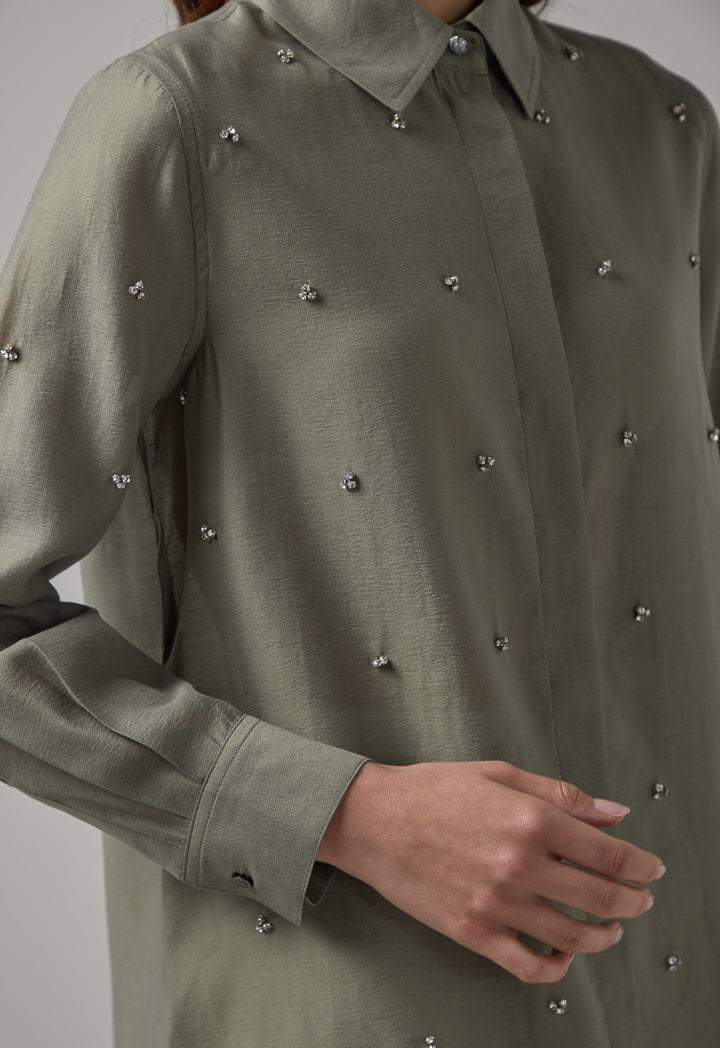 Choice Solid Crystal Embellished Shirt Olive