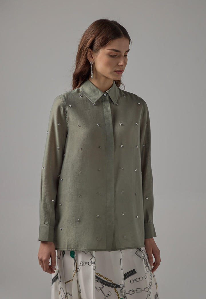 Choice Solid Crystal Embellished Shirt Olive