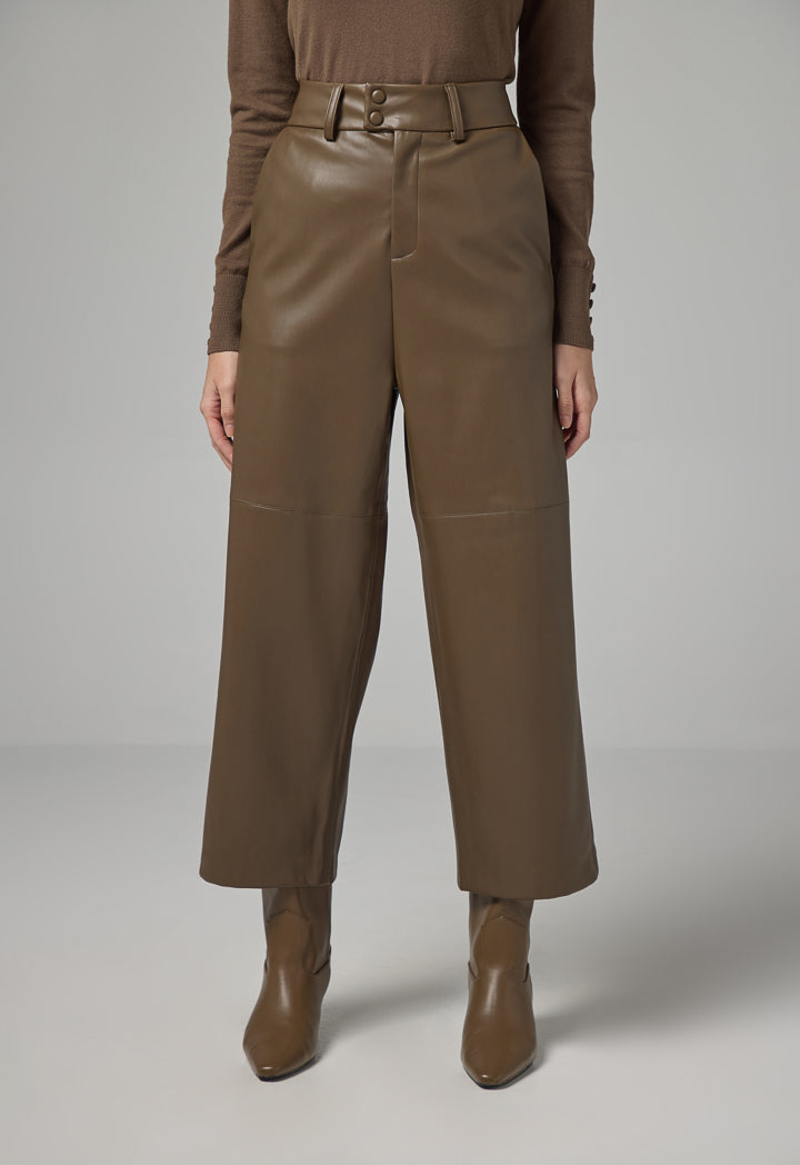 Choice Solid Pu Leather Wide Legs Trousers Khaki