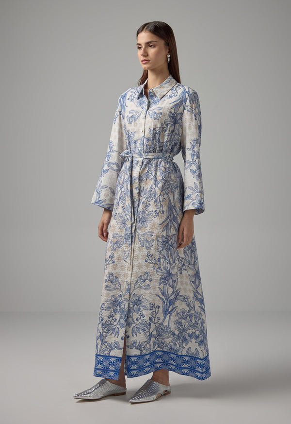 Choice Floral Printed Belted Shirt Dress Blue