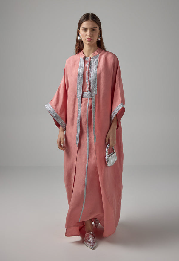 Choice Long Kimono Sleeves Mirror Embroidered Abaya Salmon