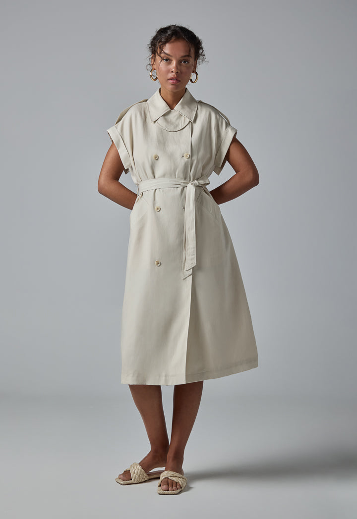 Choice Short Sleeve Belted Shirt Dress Cream