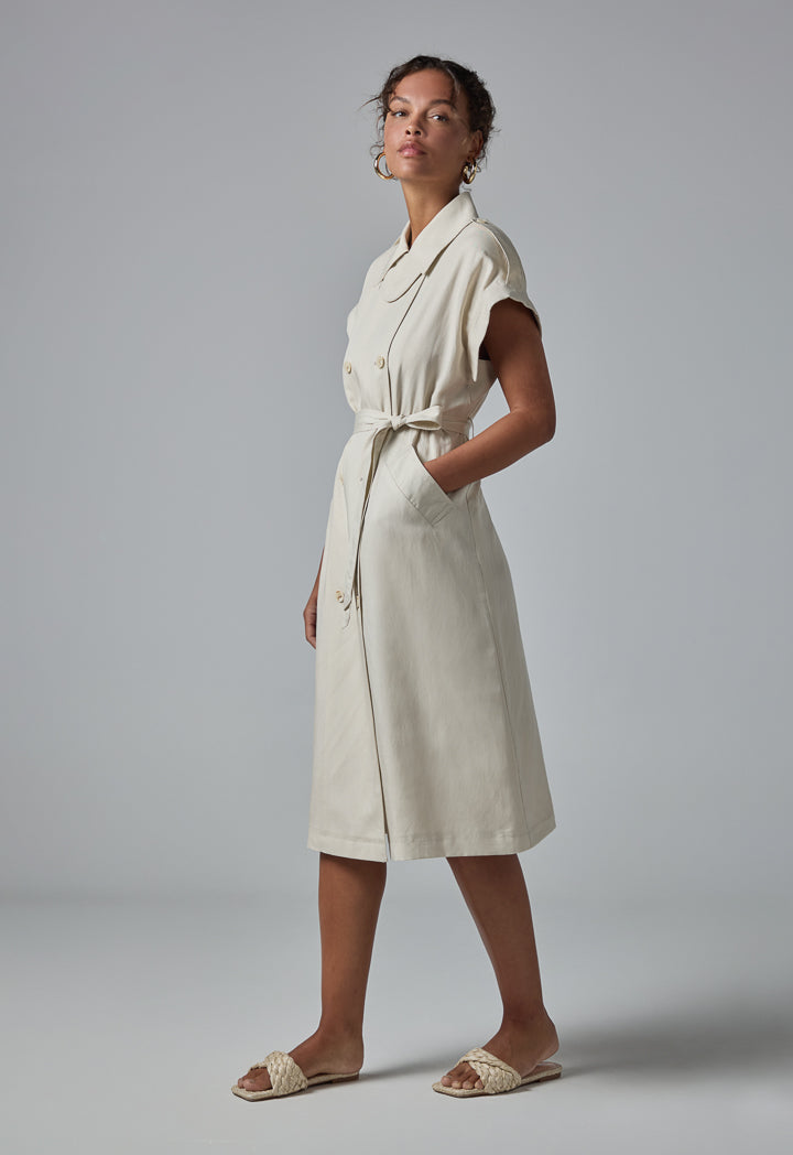 Choice Short Sleeve Belted Shirt Dress Cream