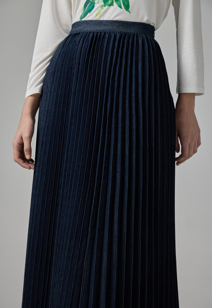 Choice Solid Flared Pleated Denim Skirt Navy