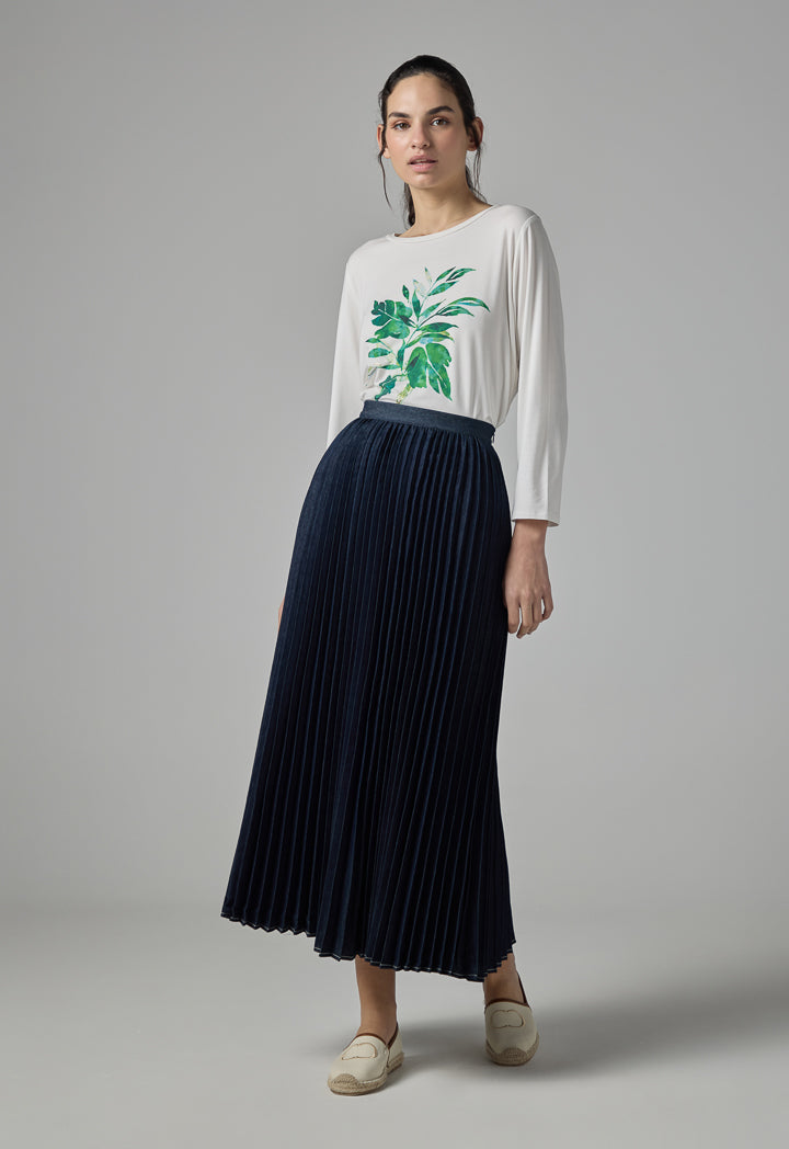 Choice Solid Flared Pleated Denim Skirt Navy