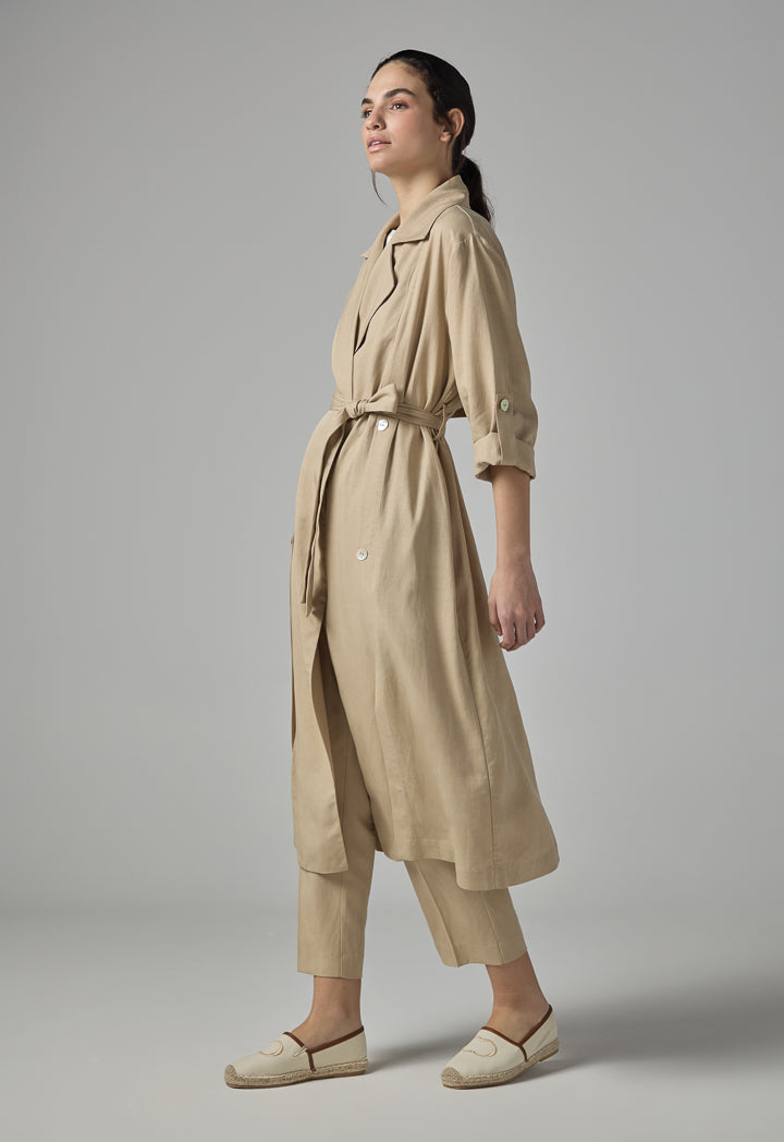 Choice Solid Long Sleeve Belted Coat Beige