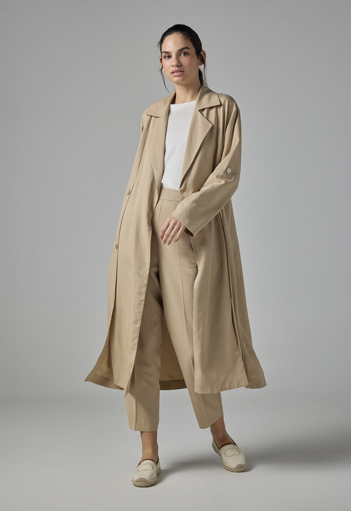 Choice Solid Long Sleeve Belted Coat Beige